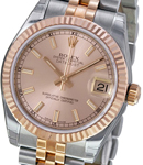 Mid Size Datejust in Steel with Rose Gold Fluted Bezel on Jubilee Bracelet with Pink Stick Dial