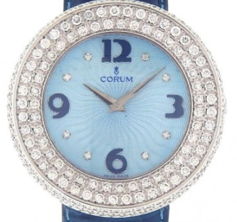 Full Moon  Diamonds in White Gold with Diamond Bezel on Blue Crocodile Leather Strap with Blue Dial