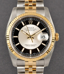 Datejust 36mm in Steel with Yellow Gold Fluted Bezel on Jubilee Bracelet with Black and Silver Stick Dial