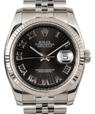 Datejust 36mm with White Gold Fluted Bezel    on Jubilee Bracelet with Black Sunbeam Roman Dial