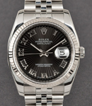 Datejust 36mm with White Gold Fluted Bezel    on Jubilee Bracelet with Black Sunbeam Roman Dial