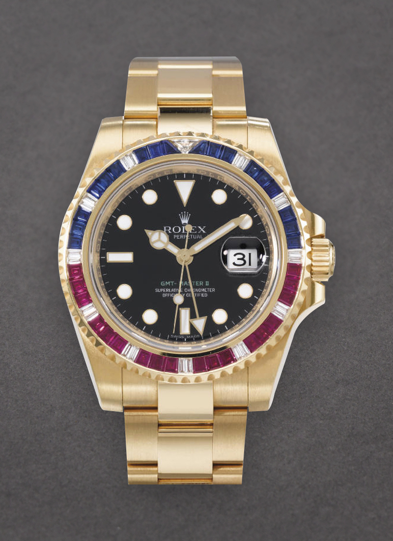 Pre-Owned Rolex GMT Master II in Yellow Gold with Ruby Diamond Bezel