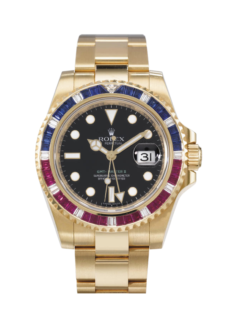 Pre-Owned Rolex GMT Master II in Yellow Gold with Ruby Diamond Bezel
