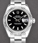 Lady's Datejust in Steel with White Gold Fluted Bezel on Steel Oyster Bracelet with Black Stick Dial