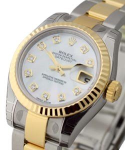Ladies Datejust 26mm in Steel and Yellow Gold Fluted Bezel on Oyster Bracelet and Mother of Pearl Diamond Dial