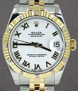 Datejust 31 in Steel and Yellow Gold Fluted Bezel with 12 Diamonds on Jubilee Bracelet with White Roman Dial  