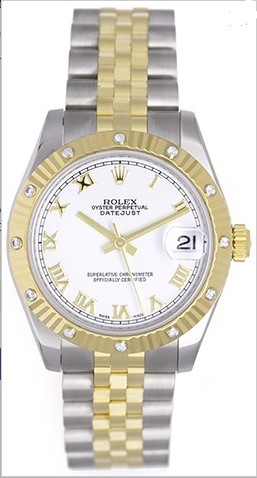 Datejust 31 in Steel and Yellow Gold Fluted Bezel with 12 Diamonds on Jubilee Bracelet with White Roman Dial  