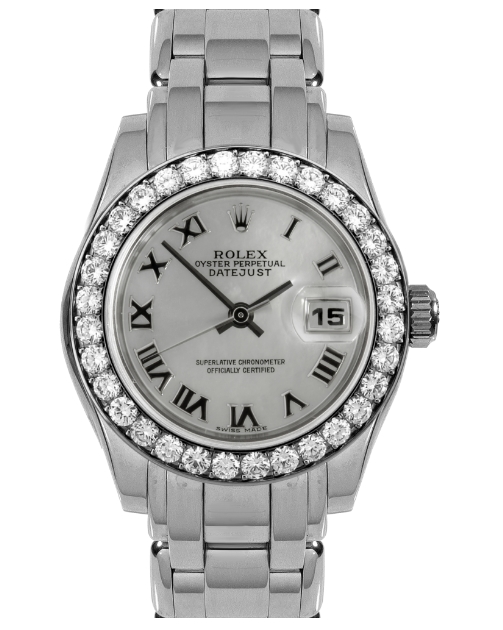 Masterpiece with White Gold 32 Diamond Bezel on Pearlmaster Bracelet with White MOP Roman Dial