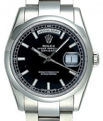 Day-Date President in White Gold with Smooth Bezel on Oyster Bracelet with Black Stick Dial