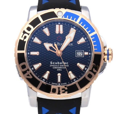 Patravi ScubaTech in Rose Gold Bezel On Black Rubber with Blue Stripe Strap with Black Dial and Gold markers