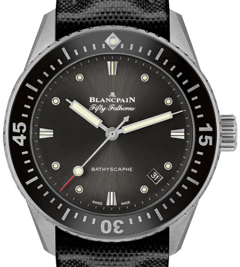 Fifty Fathoms Bathyscaphe in Steel with Black Ceramic Bezel on Black Fabric Strap with Black Dial