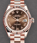 Ladies Datejust 28mm in Rose Gold with Fluted Bezel on President Bracelet with Chocolate Roman Dial