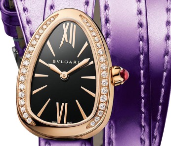 Serpenti 27mm in Rose Gold with Diamond Bezel on Purple Double Twirl Karung Leather Strap with Black Dial