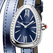 Serpenti 27mm Quartz in Steel with Diamonds on Blue Double Twirl Karung Leather Strap with Blue Lacquered Dial
