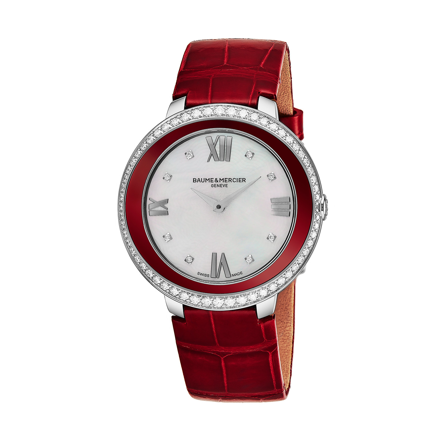 Promesse 30mm in Steel with Diamond Bezel on Red Alligator Leather Strap with Mother of Pearl Dial