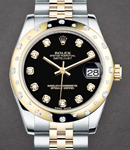 Mid Size Datejust 2-Tone 31mm in Steel with Yellow Gold Diamond Bezel on Jubilee Bracelet with Black Diamond Dial