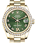 Mid Size Datejust 31mm in Yellow Gold with Diamond Bezel on President Bracelet with Olive Green Roman Dial - Diamonds on 6