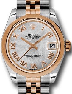 Ladies 2-Tone Datejust 28mm in Steel with Rose Gold Domed Bezel on Jubilee Bracelet with Mother of Pearl Roman Dial