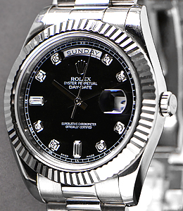President Day Date 41mm in White Gold Fluted Bezel on President Bracelet with Black Diamond Dial