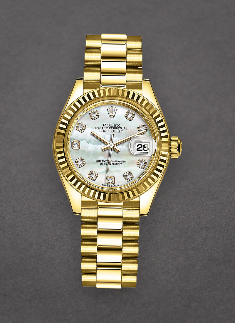 Rolex Unworn Ladies President 28mm in Yellow Gold with Fluted Bezel