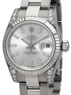 Lady's Datejust 26mm in Steel with White Gold Fluted Bezel & Diamond on Lugs on Steel Oyster Bracelet with Silver Stick Dial