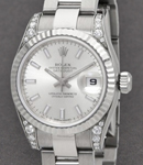 Lady's Datejust 26mm in Steel with White Gold Fluted Bezel & Diamond on Lugs on Steel Oyster Bracelet with Silver Stick Dial