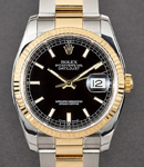 Datejust 36mm in Steel with Yellow Gold Fluted Bezel on Oyster Bracelet with Black Dial with Luminous Markers