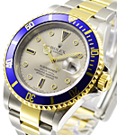 Submariner 2-Tone with Yellow Gold Blue Bezel on Oyster Bracelet with Silver Serti Diamond Dial