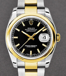 Men's Datejust 36mm in Steel with Yellow Gold Smooth Bezel on Oyster Bracelet with Black Stick Dial with Luminous