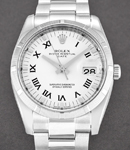 Date 34mm in Steel with Engine Turned Bezel on Oyster Bracelet with White Roman Dial