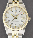 Date 34mm in Steel with Yellow Gold Fluted Bezel on Jubilee Bracelet with White Roman Dial