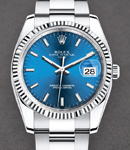 Date 34mm in Steel with Fluted Bezel on Oyster Bracelet with Blue Stick Dial