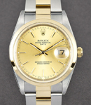 Date 34mm in Steel with Yellow Gold Smooth Bezel on Oyster Bracelet with Champagne Stick Dial