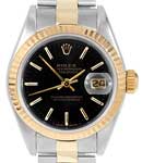 Ladies 26mm Datejust in Steel with Yellow Gold Fluted Bezel on Oyster Bracelet with Black Stick Dial