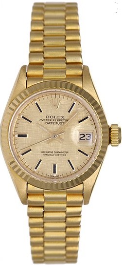 Pre-Owned Rolex Lady's Bark Finish 26mm President Circa 1982 - Full Set with Champagne Stick Dial