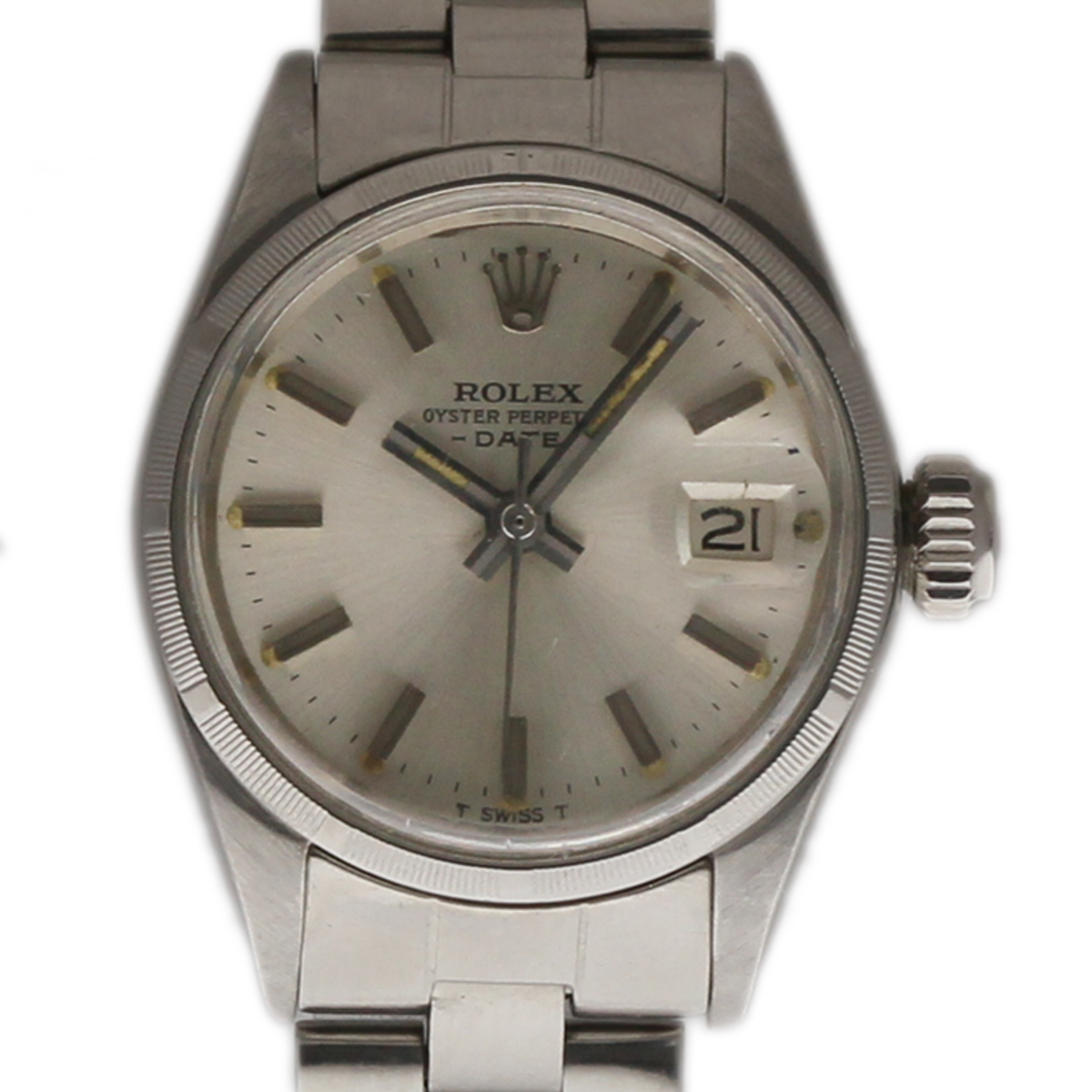 Date 26mm Lady's Steel with Smooth Bezel on Oyster Bezel with Silver Stick Dial
