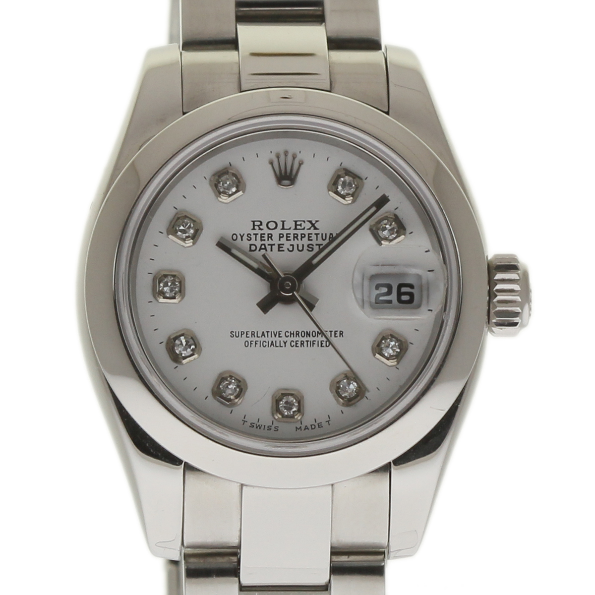 Ladies Datejust 26mm in Steel with Smooth Bezel on Oyster Bracelet with White Diamond Dial