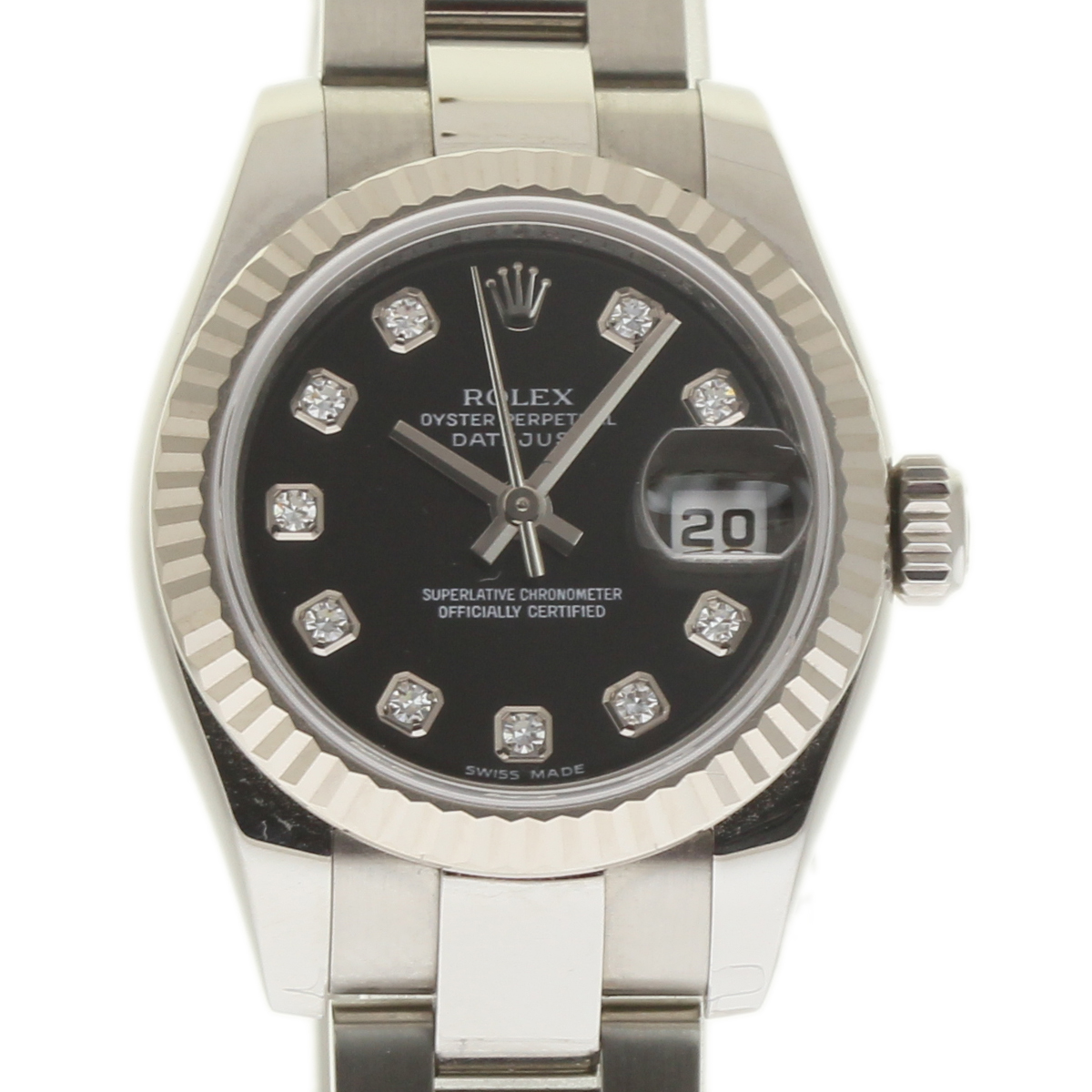 Lady's Datejust in 2-Tone Fluted Bezel on Oyster Bracelet with Black Diamond Dial