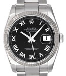 Datejust 36mm in Steel with White Gold Fluted Bezel on Oyster Bracelet with Black Roman Dial