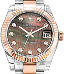 Mid Size 2-Tone Datejust 31 in Steel with Rose Gold Fluted Bezel on Oyster Bracelet with Black MOP Diamond Dial