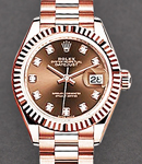 Ladies Datejust 28mm in Rose Gold with Fluted Bezel on President Bracelet with Chocolate Diamond Dial