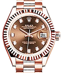 Ladies Datejust 28mm in Rose Gold with Fluted Bezel on President Bracelet with Chocolate Diamond Dial