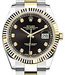 Datejust 41mm in Steel with Yellow Gold Fluted Bezel on Oyster Bracelet with Black Diamond Dial
