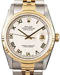 2-Tone Datejust 36mm with Yellow Gold Fluted Bezel on Jubilee Bracelet with Ivory Pyramid Dial with Roman Numerals