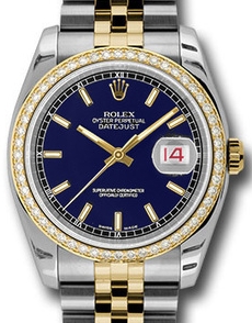 2-Tone Datejust 36mm in Steel with Yellow Gold Diamond Bezel on Jubilee Bracelet with Blue Stick Dial