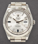 President Day Date 41mm in White Gold Fluted Bezel on President Bracelet with Silver Sapphire Diamond Dial