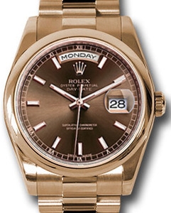 President Day-Date in Rose Gold with Smooth Bezel on President Bracelet with Chocolate Stick Dial