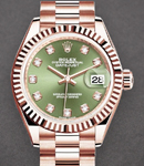 Ladies Datejust 28mm in Rose Gold with Fluted Bezel on President Bracelet with Olive Green Diamond Dial