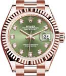 Ladies Datejust 28mm in Rose Gold with Fluted Bezel on President Bracelet with Olive Green Diamond Dial