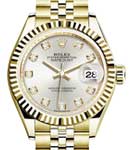Ladies Datejust 28mm in Yellow Gold with Fluted Bezel on Jubilee Bracelet with Silver Diamond Dial
